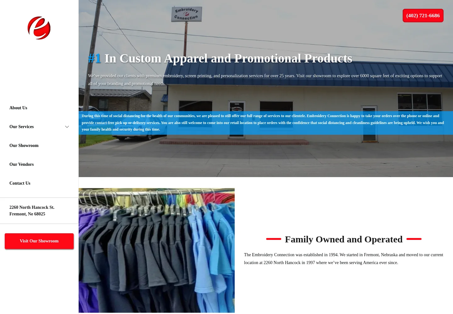 Embroidery Connection homepage for custom apparel and promotional products in Fremont, Nebraska