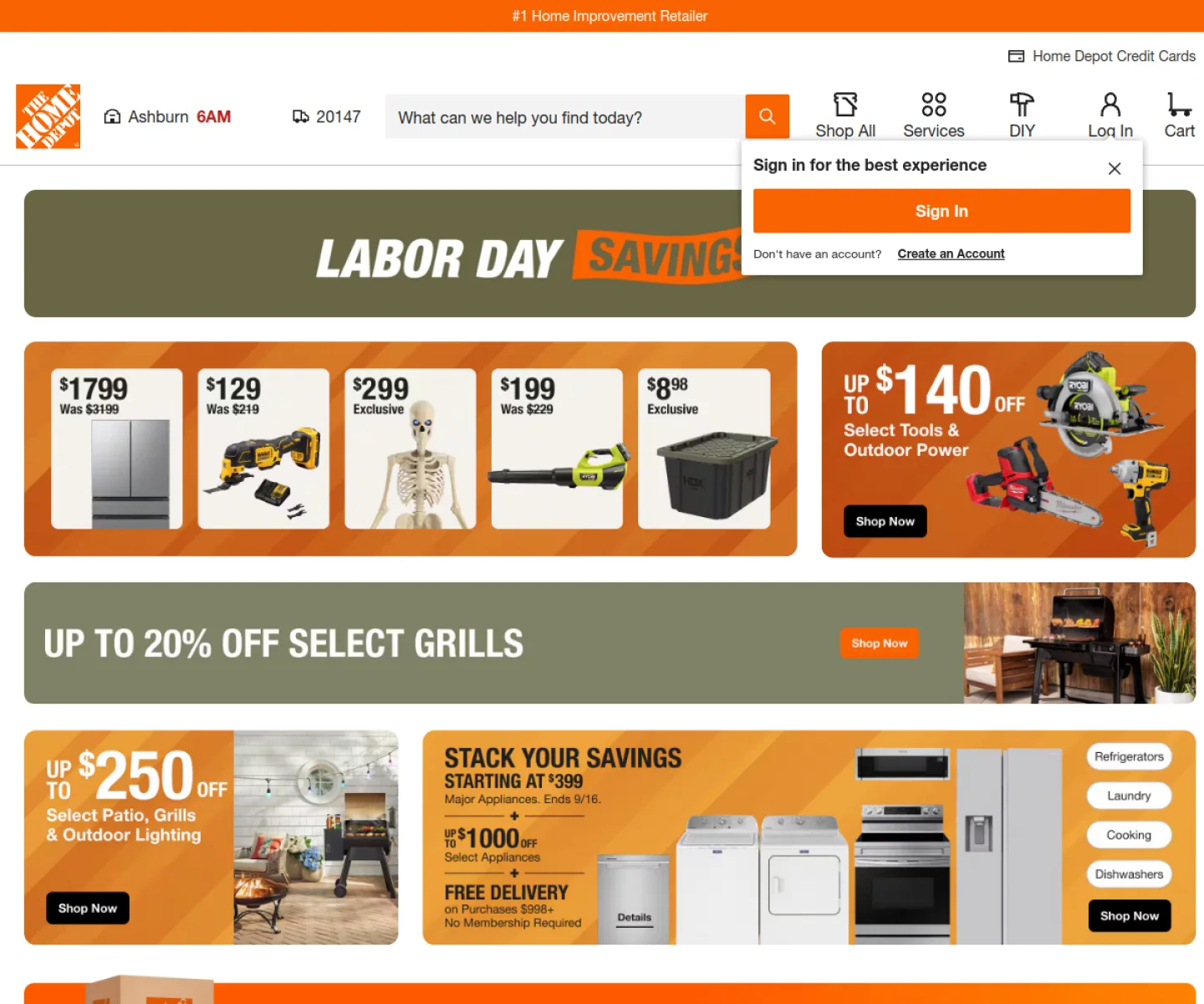 The Home Depot ecommerce homepage featuring seasonal products and promotions