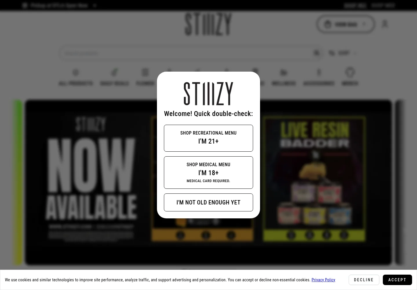 STIIIZY DTLA online dispensary menu homepage with age verification prompt